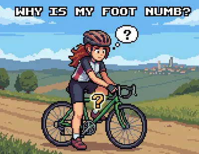 Pixel-art confused cyclist looking at numb feet with question marks