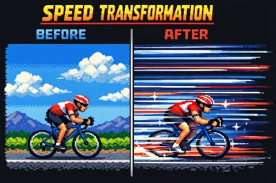 Pixel-art transformation showing slow cyclist becoming fast cyclist with speed lines
