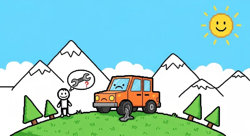 Stick figure at trailhead with flat tire, mountains in background