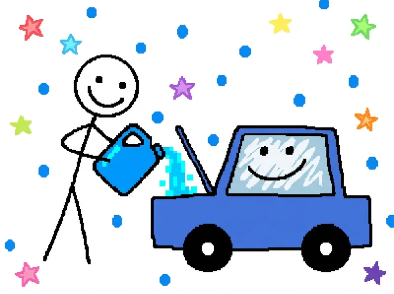 Stick figure pouring wiper fluid into car with smiley windshield