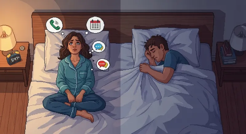 Two professionals starting their mornings in parallel—one anxious and wide-awake, one numb and sleeping through the alarm