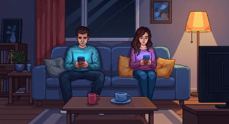 Two people in the same room, both on phones, physically close but emotionally distant