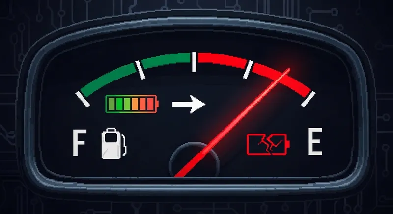 A gas gauge needle firmly in the red zone — energy reserves completely depleted