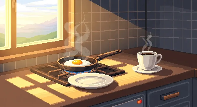A simple breakfast on a quiet morning—eggs in a pan, coffee, sunlight streaming through a window
