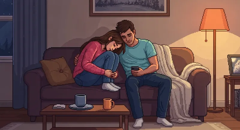 A couple sitting closer on the couch, no phones, quiet vulnerability — not fixed, but present