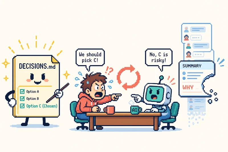 Pixel-art person and robot re-arguing a settled decision across a table while a DECISIONS.md file beside them already shows the chosen option