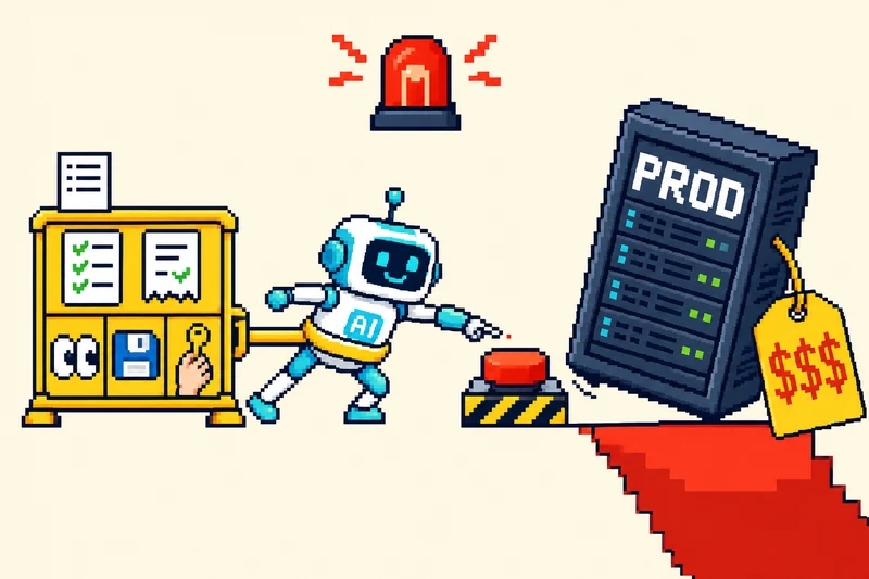 Pixel-art AI robot reaching for a big red button beside a toppling production server rack, tethered to a cabinet holding checklists, a save disk and a human hand