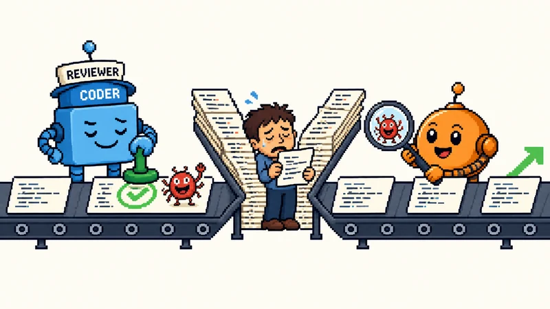 Pixel-art assembly line where a coder robot stamps a page approved with a bug still sitting on it, and a different robot downstream catches that bug in a magnifying glass