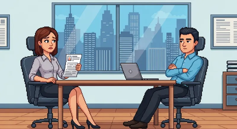 Pixel art illustration of an interview room where a confident candidate's expression shifts to uncertainty