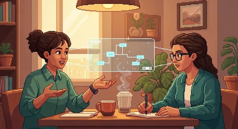 Pixel art of two people having an energized conversation with a holographic decision tree between them