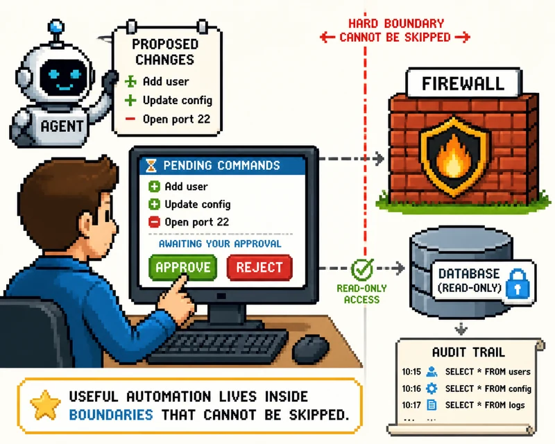Pixel-art agent holding proposed changes while a person points at Approve on a pending-commands screen, a red dashed line before a firewall and a locked database