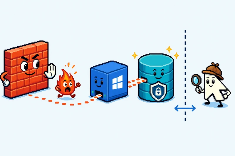 Pixel-art brick firewall, Windows collector cube, shielded SQLite drum, and a detective cursor inspecting across a dashed line