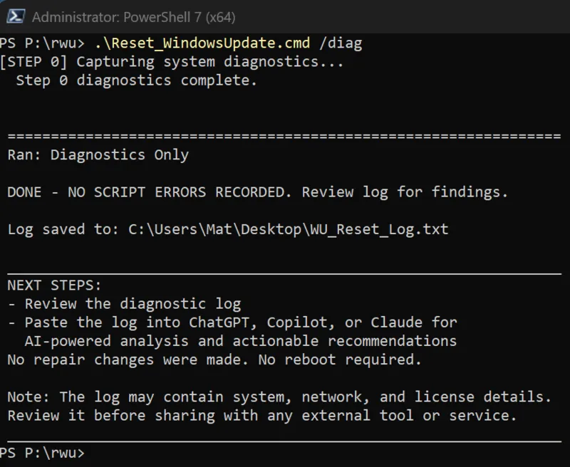 RWU running in CLI diagnostic mode showing structured output