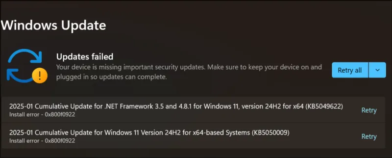 Windows Update showing Install error 0x800f0922 on two cumulative updates