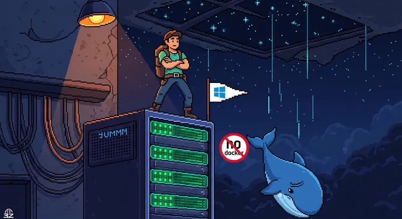 Pixel art illustration of a sysadmin standing triumphantly on a glowing server rack with a Windows flag, as a cartoon whale tumbles into the void below