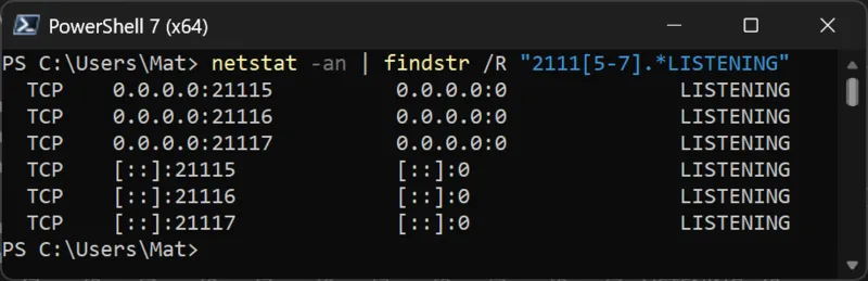 Netstat output showing RustDesk ports 21115, 21116, and 21117 all listening on both IPv4 and IPv6