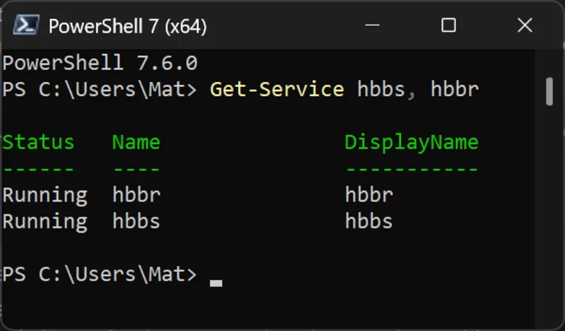 PowerShell output showing hbbs and hbbr services both running with Automatic start type