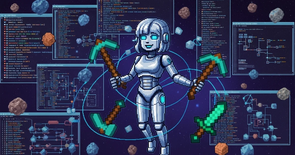 Pixel art illustration of a person working at a desk with an AI companion