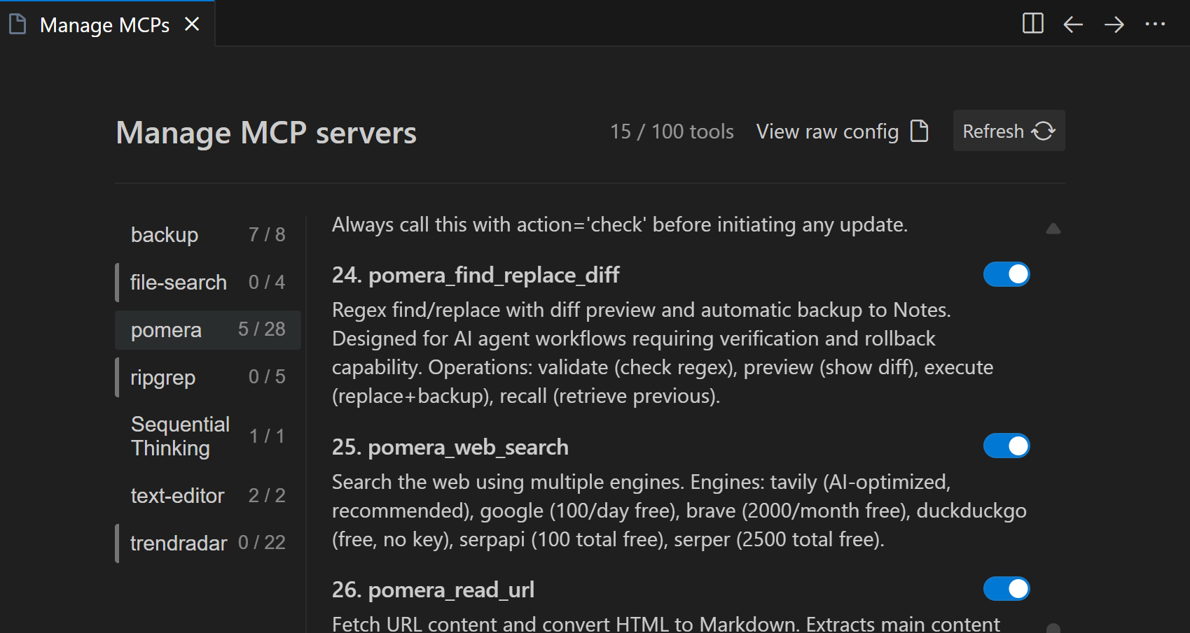 MCP Servers configuration panel showing connected external tools