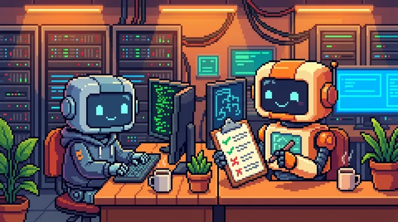 AI coder and tester robots collaborating at a shared desk