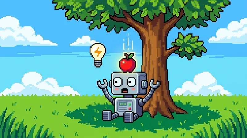 AI robot having a eureka moment under a tree like Isaac Newton