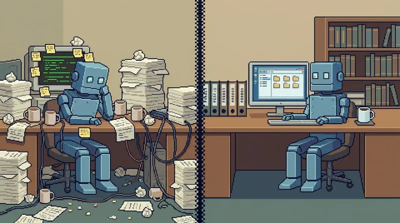 Split screen: messy AI robot desk vs organized AI robot desk with bookshelf